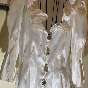 VtgCHETTA B 90’s Ruffled Blouse Wht Cocktail Rhinestone Button Dynasty size 14
